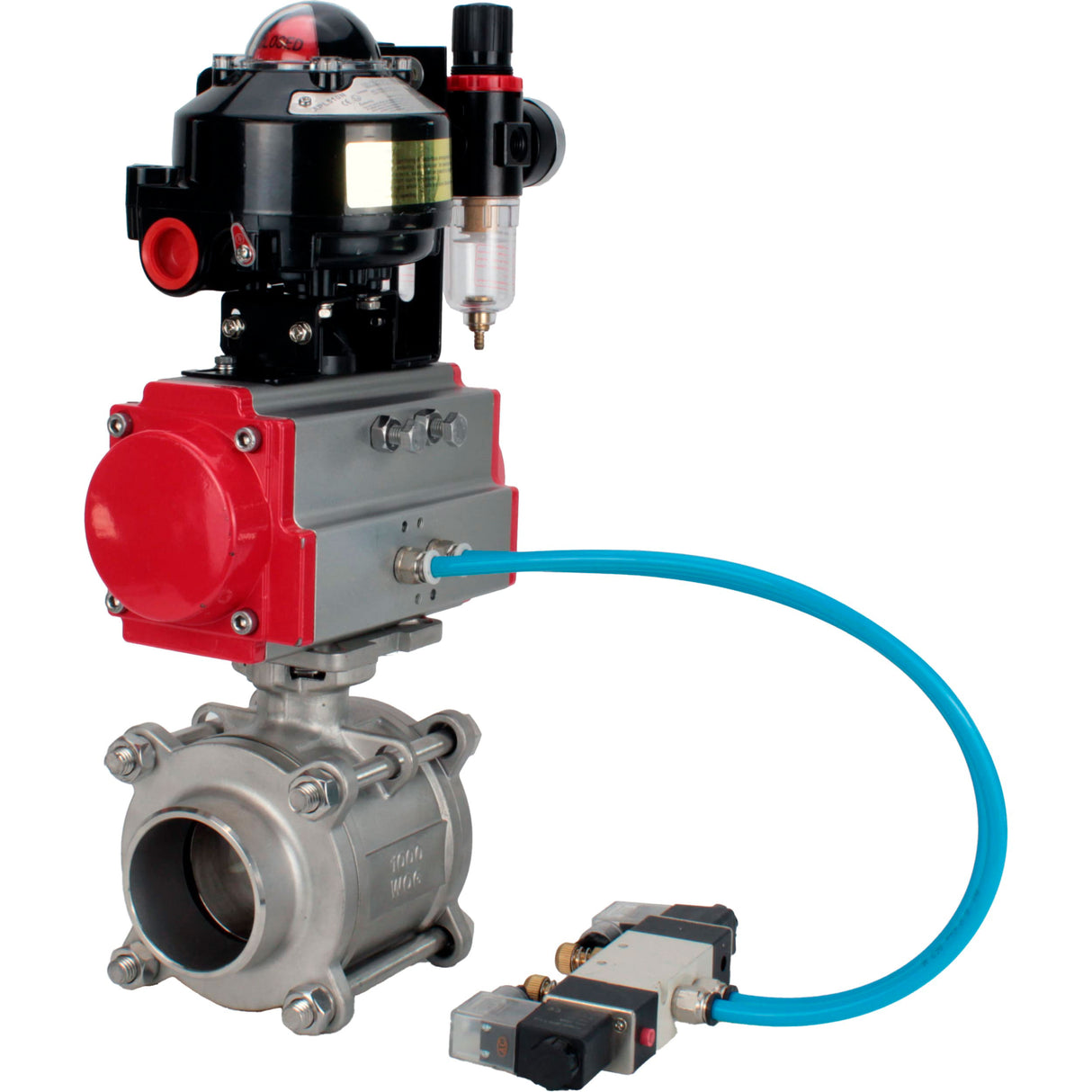 Ball valves Elephant BV3232P(3pc)-FP-W-ISO-H WDVF DN15-32 63 bar full bore, body - 316 stainless steel, seal - PTFE, for welding, with PA-SA pneumatic actuator, pneumatic distributor 4V320-08 220V, LSU APL-510N EX, ATU AFC2000