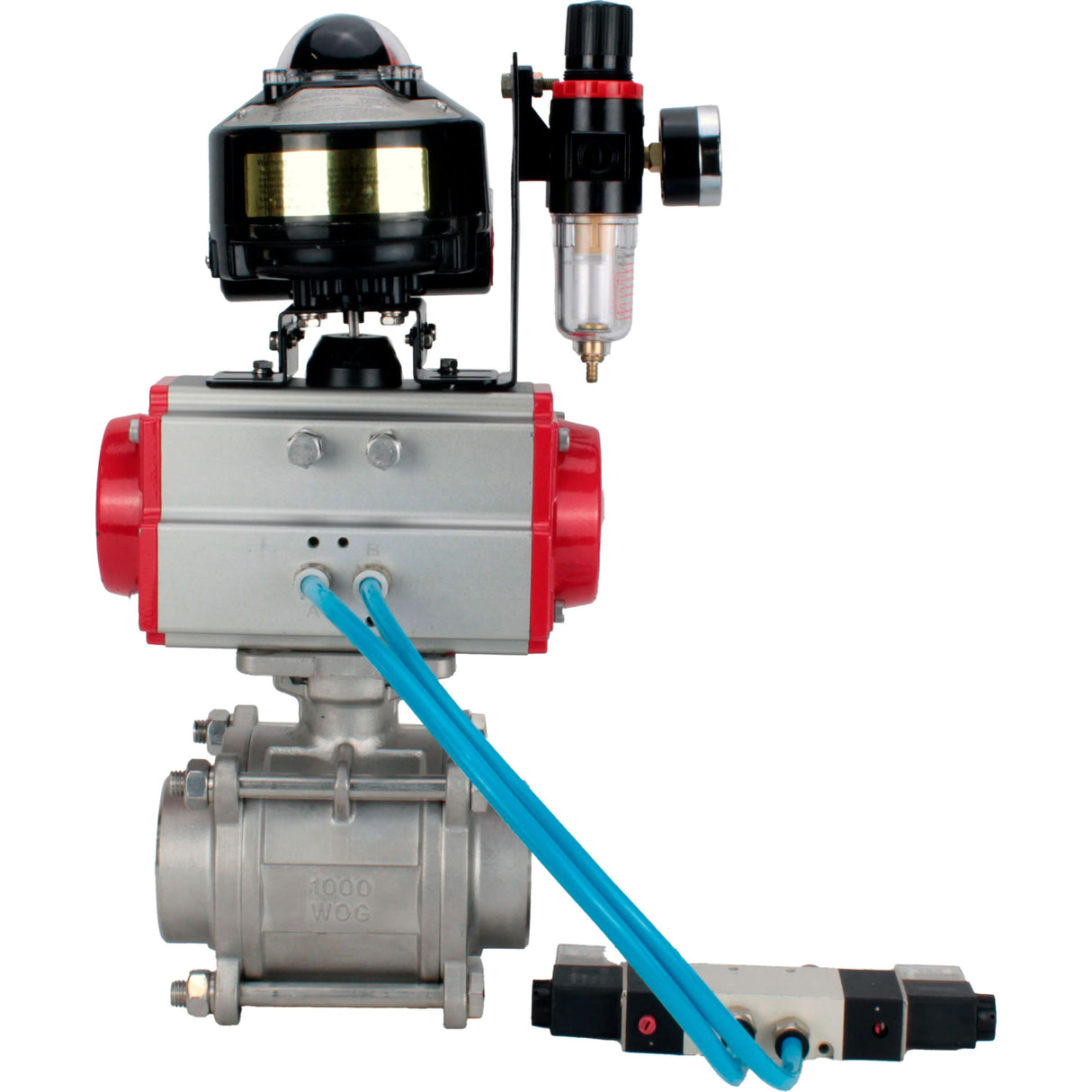 Ball valves Elephant BV3232P(3pc)-FP-W-ISO-H WDVF DN15-32 63 bar full bore, body - 316 stainless steel, seal - PTFE, for welding, with PA-SA pneumatic actuator, pneumatic distributor 4V320-08 220V, LSU APL-510N EX, ATU AFC2000