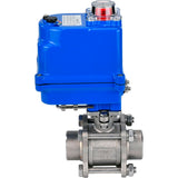 Ball valves Elephant BV3232P(3pc)-FP-W-ISO-H WDVF DN15-32 63 bar full bore, body - 316 stainless steel, seal - PTFE, for welding, with a 1/4-turn electric drive Elephant QT-N-EM-O1-12VDC-U1 blue