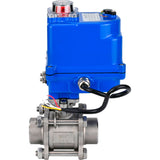 Ball valves Elephant BV3232P(3pc)-FP-W-ISO-H WDVF DN15-32 63 bar full bore, body - 316 stainless steel, seal - PTFE, for welding, with a 1/4-turn electric drive Elephant QT-N-EM-O1-12VDC-U1 blue