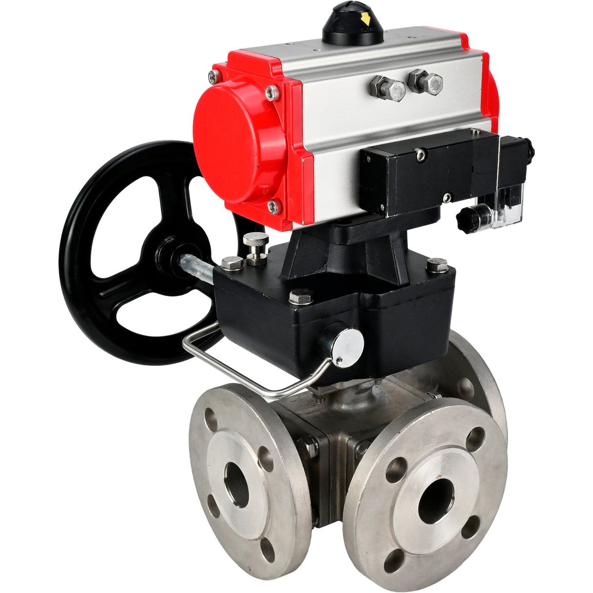 Ball valves Elephant BV3232P(4pc)-FP-3WL-F-ISO-H 16 bar full bore, flanged, body - stainless steel SS316, ISO flange F03/F04-F10/F12, square 9x9-19x19, with pneumatic drive PA-DA, pneumatic distributor 4M310-08 24V and Doubler MON3-700-T38-IS
