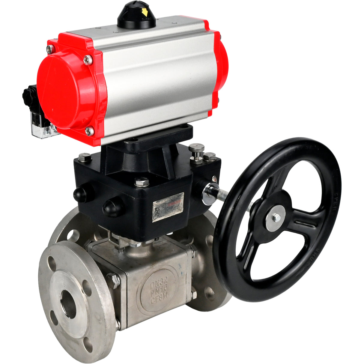 Ball valves Elephant BV3232P(4pc)-FP-3WL-F-ISO-H 16 bar full bore, flanged, body - stainless steel SS316, ISO flange F03/F04-F10/F12, square 9x9-19x19, with pneumatic drive PA-DA, pneumatic distributor 4M310-08 24V and Doubler MON3-700-T38-IS