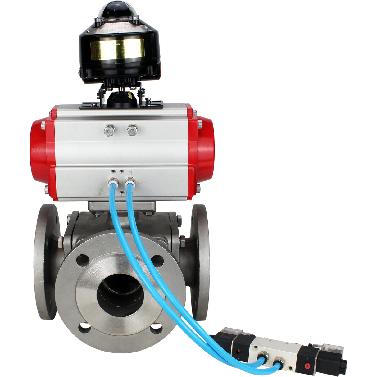 Ball valves Elephant BV3232P(4pc)-FP-3WL-F-ISO-H 16 bar full bore, flanged, body - stainless steel SS316, ISO flange F03/F04-F10/F12, square 9x9-19x19, with pneumatic drive PA-DA, pneumatic distributor 4V320-8 220V and LSU APL-510N EX