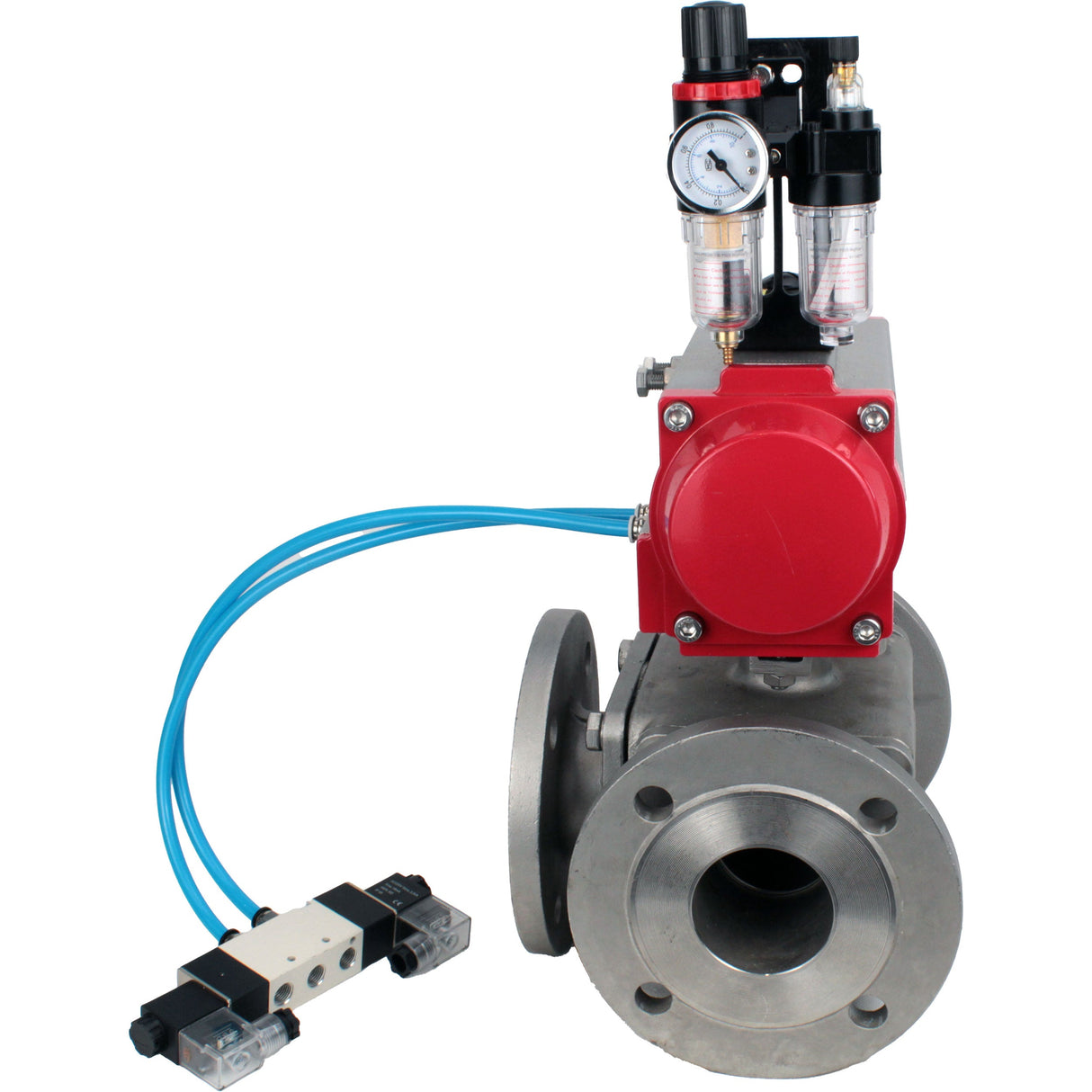 Ball valves Elephant BV3232P(4pc)-FP-3WL-F-ISO-H 16 bar full bore, flanged, body - stainless steel SS316, ISO flange F03/F04-F10/F12, square 9x9-19x19, with pneumatic drive PA-DA double acting, pneumatic valve 4V320-10 220V and ATU A