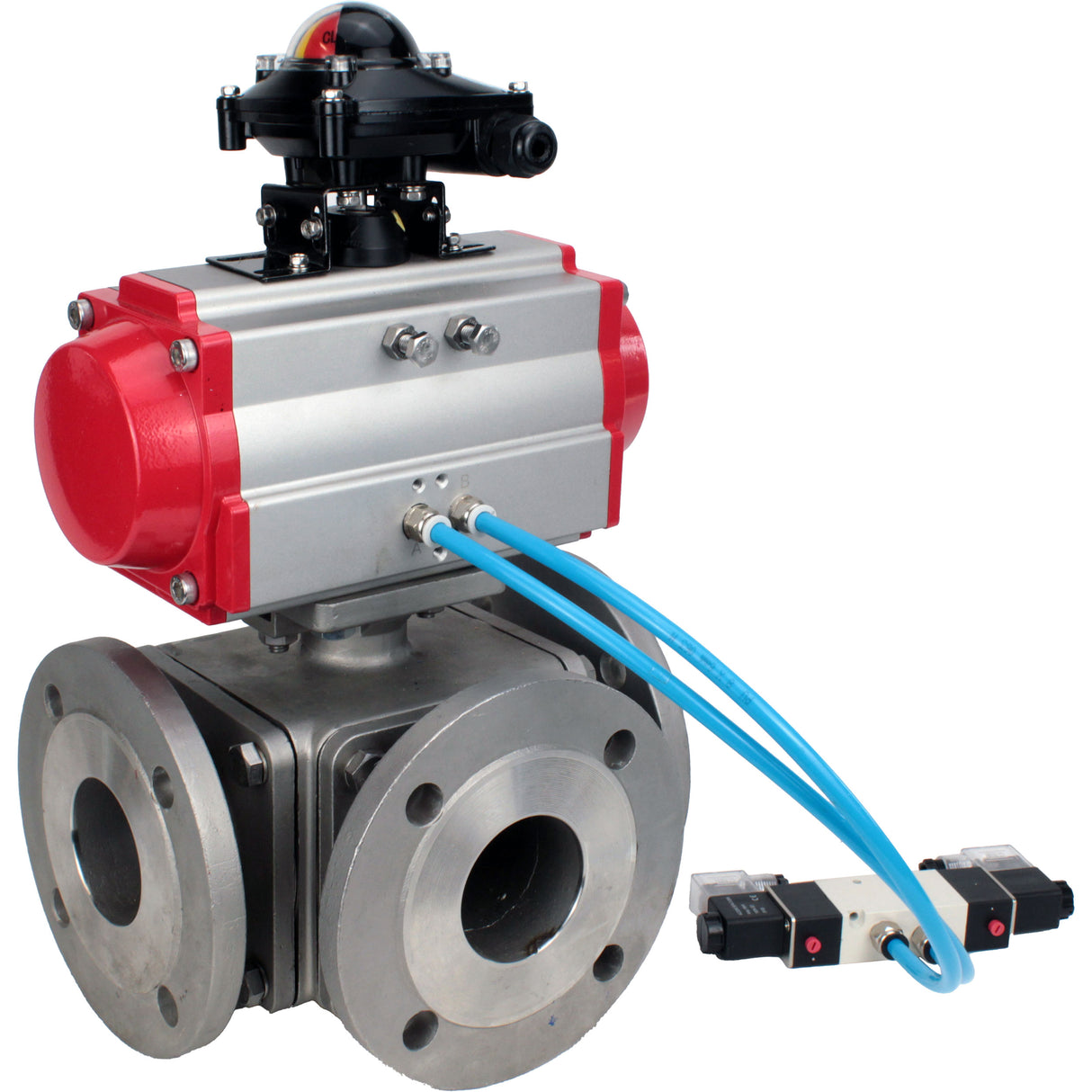 Ball valves Elephant BV3232P(4pc)-FP-3WL-F-ISO-H 16 bar full bore, flanged, body - stainless steel SS316, ISO flange F03/F04-F10/F12, square 9x9-19x19, with pneumatic drive PA-DA double acting, pneumatic valve 4V320-8 220V and LSU AP