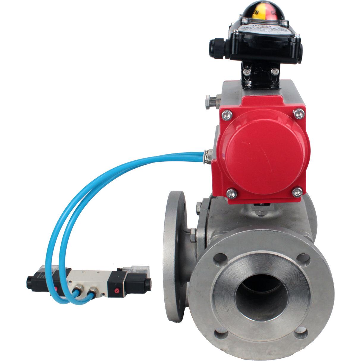 Ball valves Elephant BV3232P(4pc)-FP-3WL-F-ISO-H 16 bar full bore, flanged, body - stainless steel SS316, ISO flange F03/F04-F10/F12, square 9x9-19x19, with pneumatic drive PA-DA double acting, pneumatic valve 4V320-8 220V and LSU AP