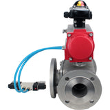 Ball valves Elephant BV3232P(4pc)-FP-3WL-F-ISO-H 16 bar full bore, flanged, body - stainless steel SS316, ISO flange F03/F04-F10/F12, square 9x9-19x19, with pneumatic drive PA-DA double acting, pneumatic valve 4V320-8 220V and LSU AP