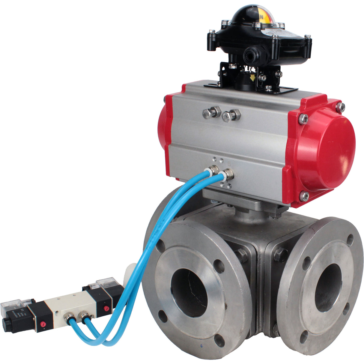 Ball valves Elephant BV3232P(4pc)-FP-3WL-F-ISO-H 16 bar full bore, flanged, body - stainless steel SS316, ISO flange F03/F04-F10/F12, square 9x9-19x19, with pneumatic drive PA-DA double acting, pneumatic valve 4V320-8 220V and LSU AP