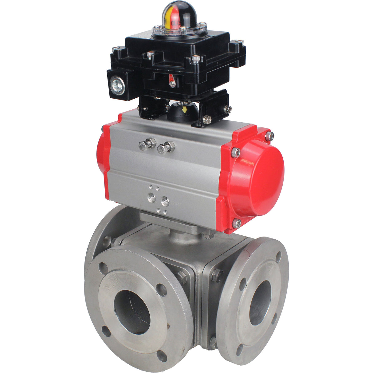 Ball valves Elephant BV3232P(4pc)-FP-3WL-F-ISO-H 16 bar full bore, flanged, body - stainless steel SS316, ISO flange F03/F04-F10/F12, square 9x9-19x19, with pneumatic drive Elephant PA-SA with return springs and LSU APL-410N EX