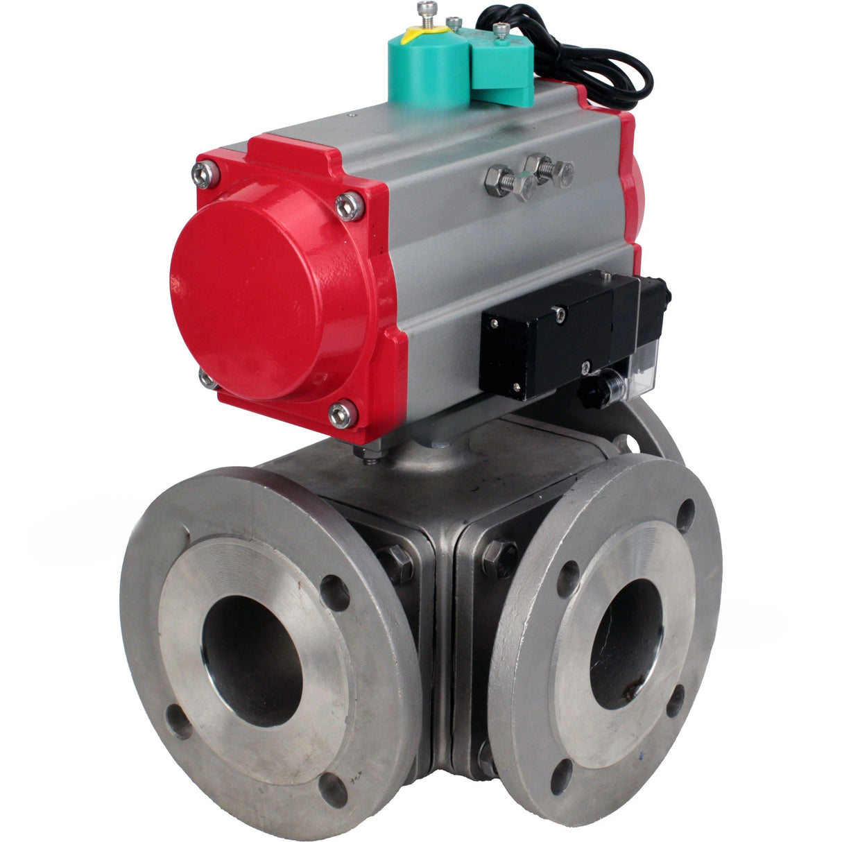 Ball valves Elephant BV3232P(4pc)-FP-3WL-F-ISO-H DN15-100 16 bar full-bore three-way, flanged, body - SS316 stainless steel, with pneumatic actuator Elephant PA-DA, pneumatic distributor 4M310-08 24V and ALS200D magnetic switch
