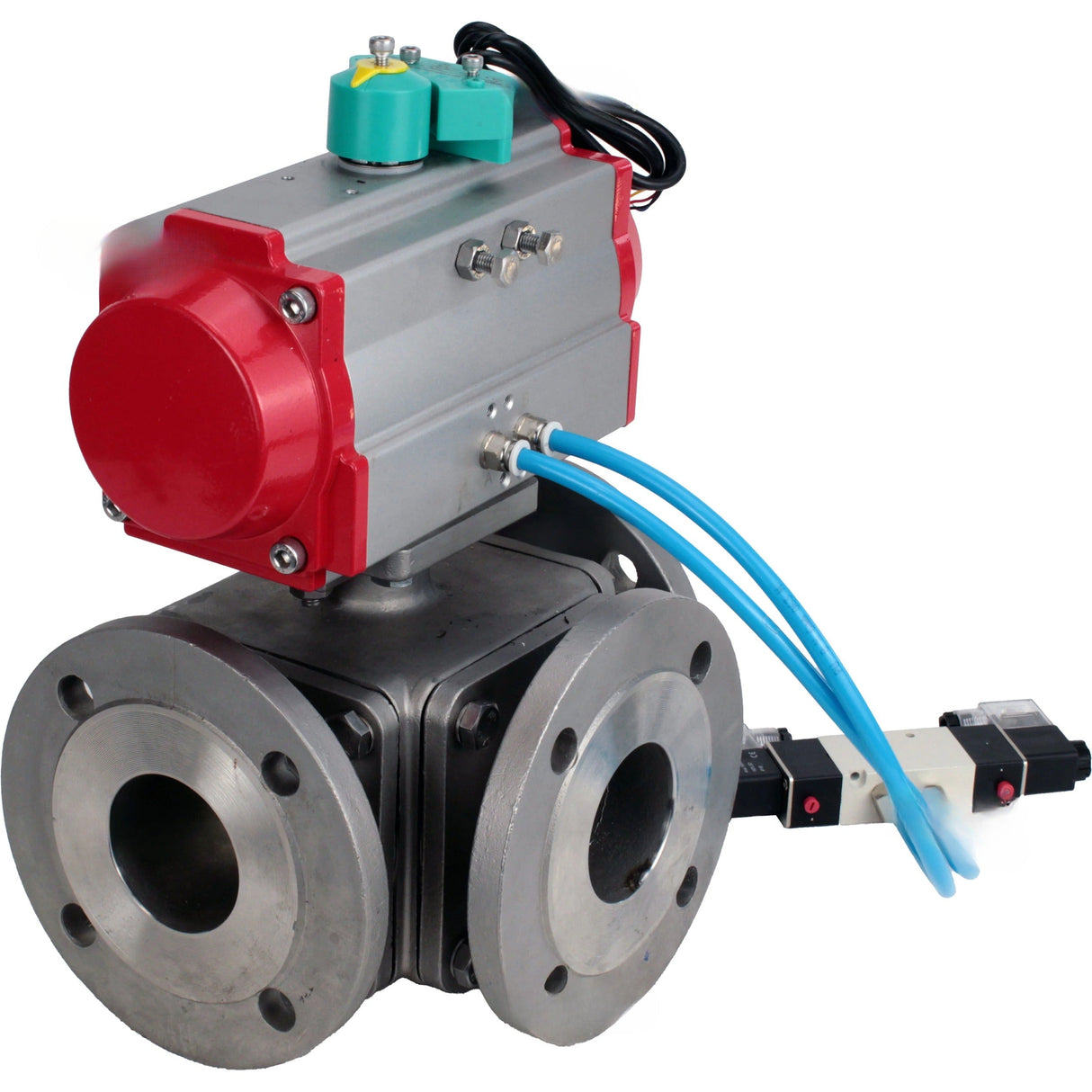Ball valves Elephant BV3232P(4pc)-FP-3WL-F-ISO-H DN15-100 16 bar full-bore three-way, flanged, body - SS316 stainless steel, with pneumatic actuator Elephant PA-DA, pneumatic distributor 4V320-08 220V and ALS200D magnetic switch
