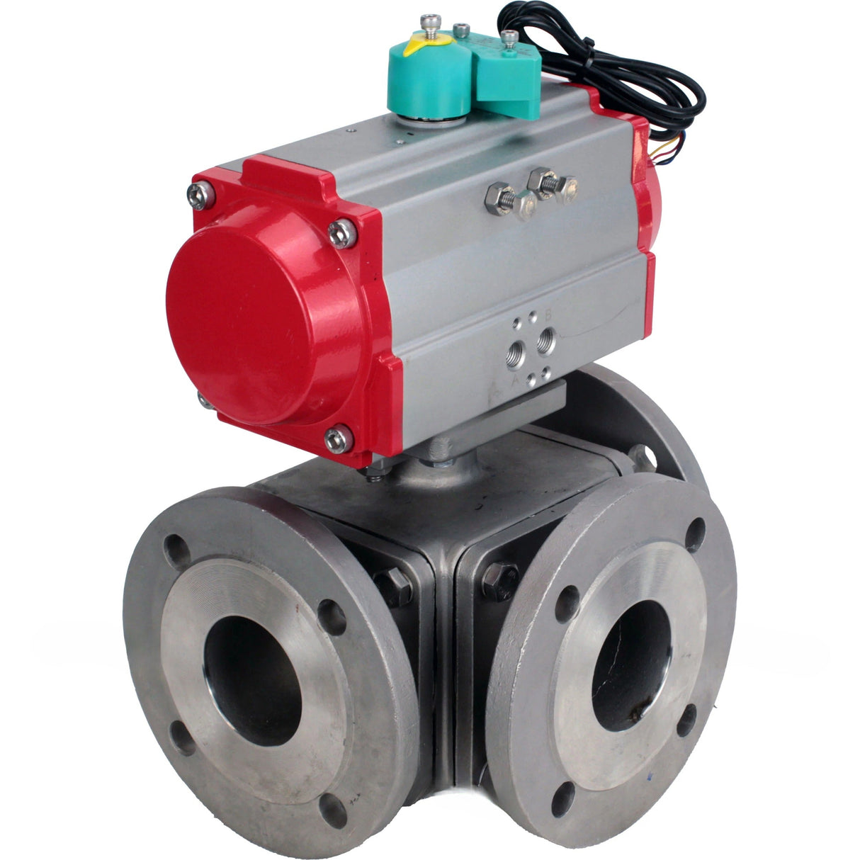 Ball valves Elephant BV3232P(4pc)-FP-3WL-F-ISO-H DN15-100 16 bar full-bore three-way, flanged, body - SS316 stainless steel, with pneumatic actuator Elephant PA-DA and ALS200D magnetic switch