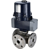 Ball valves Elephant BV3232P(4pc)-FP-3WL-F-ISO-H full bore, three-way, flanged, body - SS316 stainless steel, seal - PTFE, with electric quarter turn actuator Elephant QTSA-N-EM-O0-220VAC
