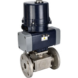 Ball valves Elephant BV3232P(4pc)-FP-3WL-F-ISO-H full bore, three-way, flanged, body - SS316 stainless steel, seal - PTFE, with electric quarter turn actuator Elephant QTSA-N-EM-O0-220VAC