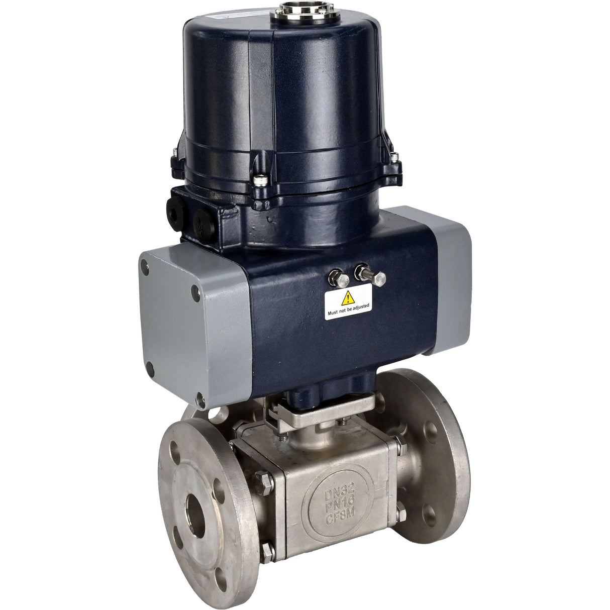 Ball valves Elephant BV3232P(4pc)-FP-3WL-F-ISO-H full bore, three-way, flanged, body - SS316 stainless steel, seal - PTFE, with electric quarter turn actuator Elephant QTSA-N-EM-O0-220VAC