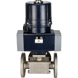 Ball valves Elephant BV3232P(4pc)-FP-3WL-F-ISO-H full bore, three-way, flanged, body - SS316 stainless steel, seal - PTFE, with electric quarter turn actuator Elephant QTSA-N-EM-O0-220VAC