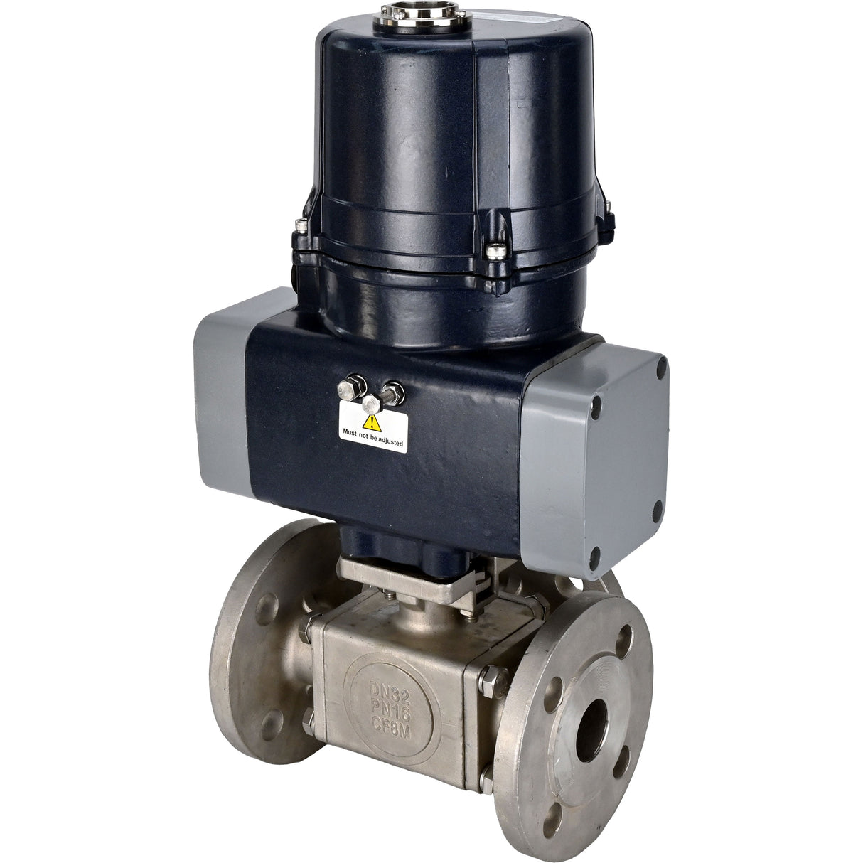 Ball valves Elephant BV3232P(4pc)-FP-3WL-F-ISO-H full bore, three-way, flanged, body - SS316 stainless steel, seal - PTFE, with electric quarter turn actuator Elephant QTSA-N-EM-O0-220VAC
