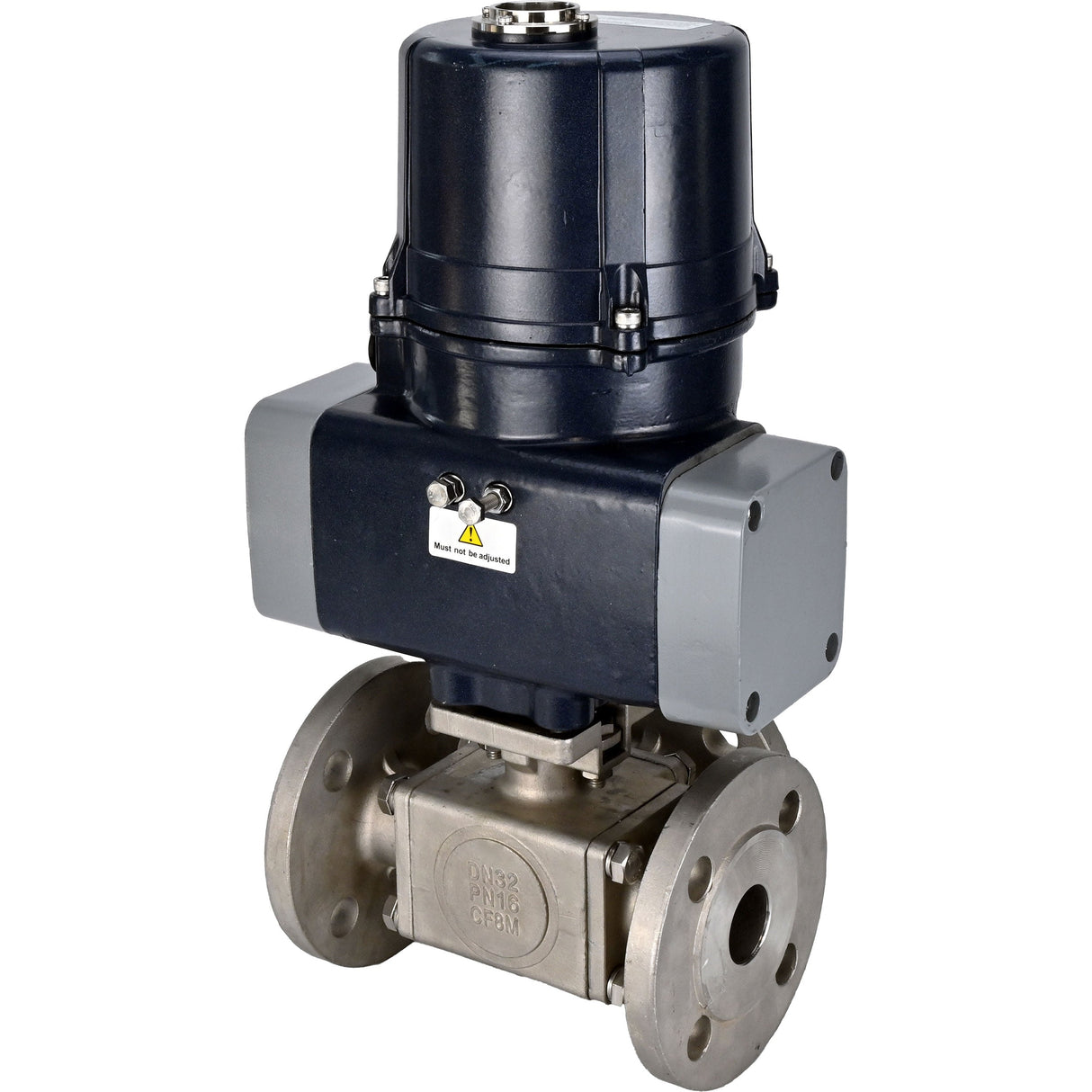 Ball valves Elephant BV3232P(4pc)-FP-3WL-F-ISO-H full bore, three-way, flanged, body - SS316 stainless steel, seal - PTFE, with electric quarter turn actuator Elephant QTSA-N-EM-O0-220VAC
