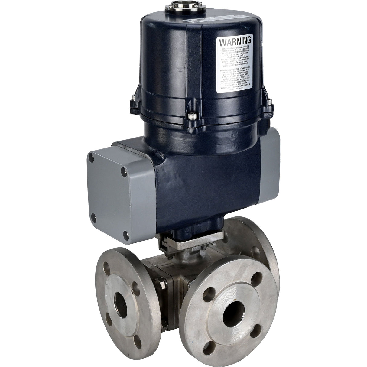 Ball valves Elephant BV3232P(4pc)-FP-3WL-F-ISO-H full bore, three-way, flanged, body - SS316 stainless steel, seal - PTFE, with electric quarter turn actuator Elephant QTSA-N-EM-O0-220VAC