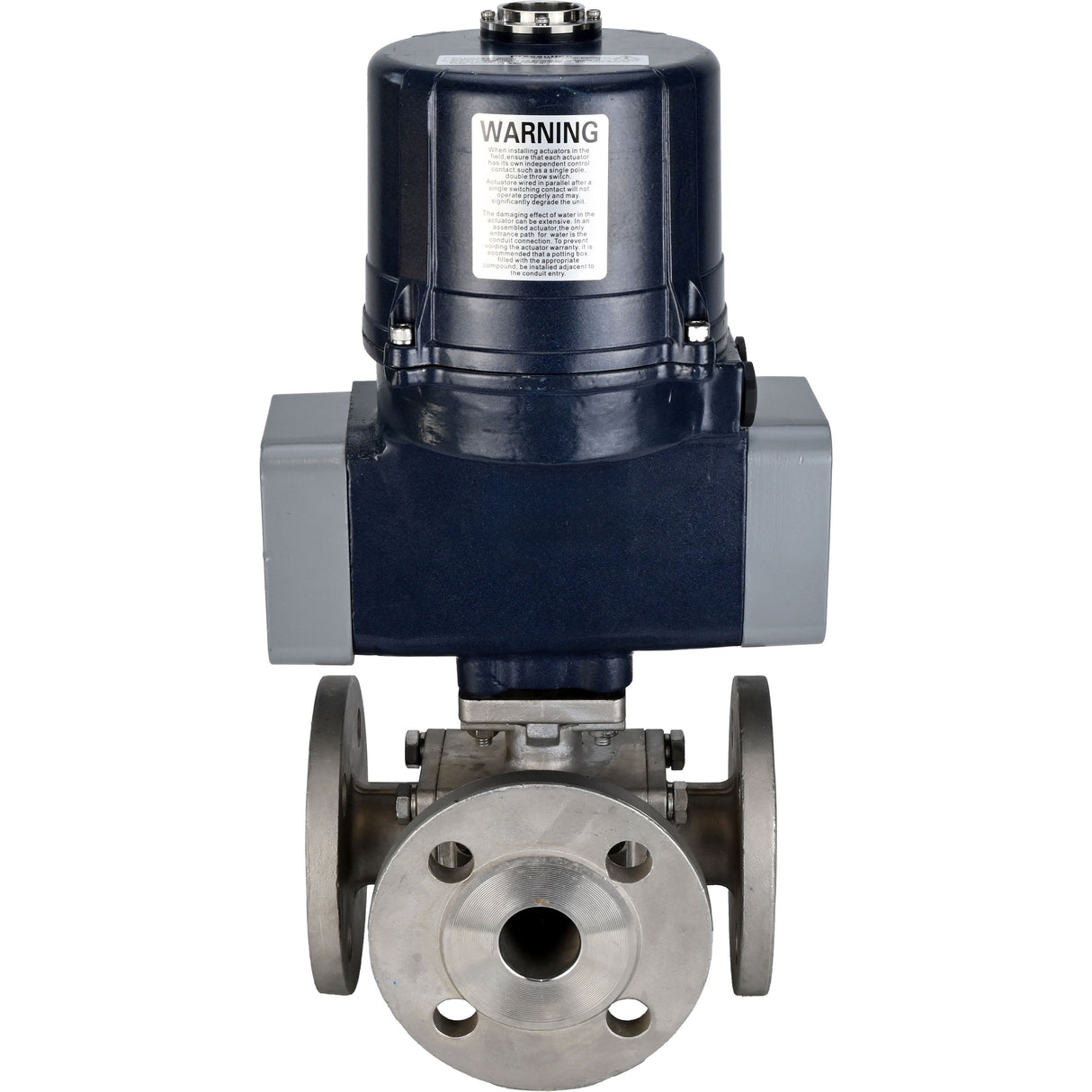 Ball valves Elephant BV3232P(4pc)-FP-3WL-F-ISO-H full bore, three-way, flanged, body - SS316 stainless steel, seal - PTFE, with electric quarter turn actuator Elephant QTSA-N-EM-O0-220VAC