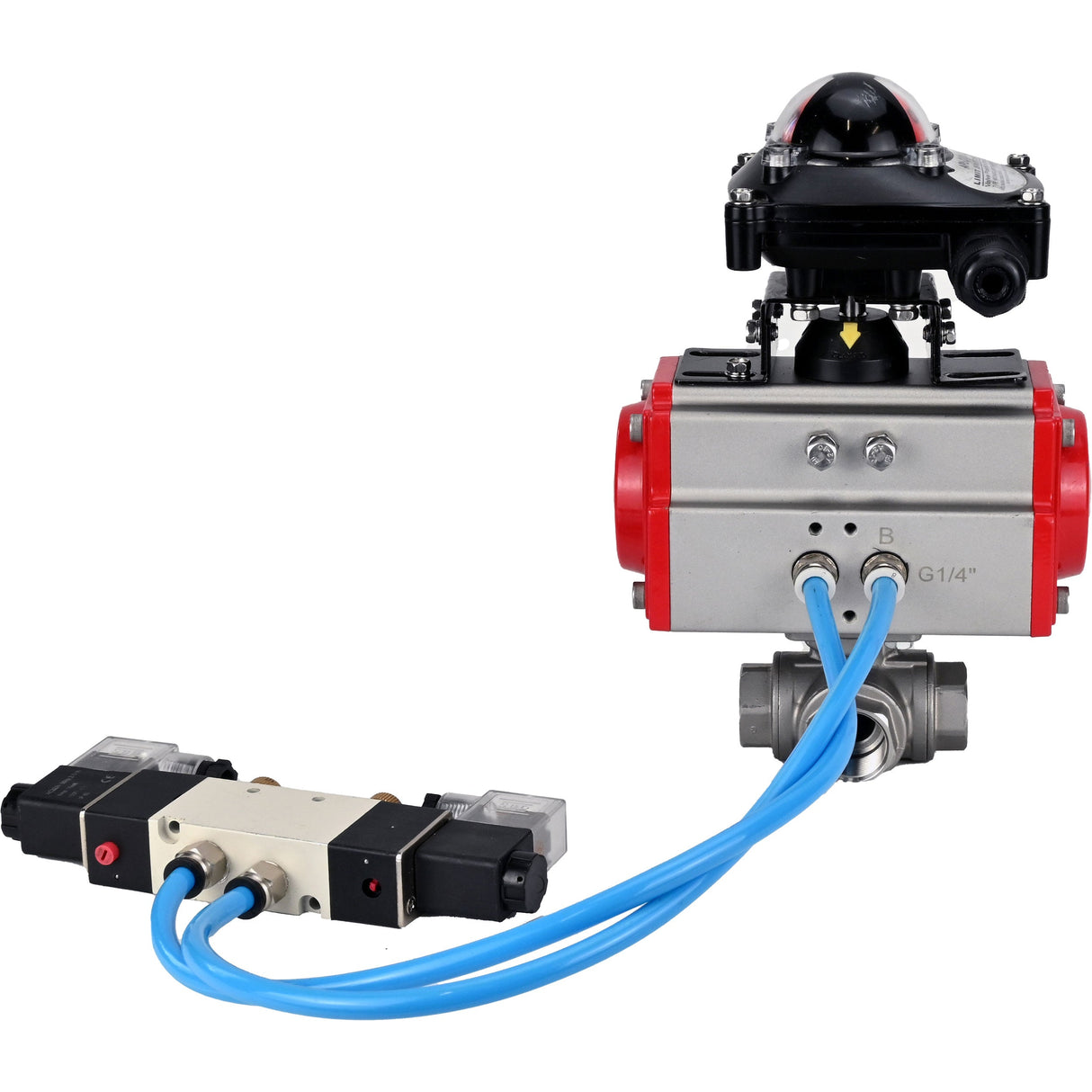 Ball valves Elephant BV3232P(4pc)-SP-3WL-T-ISO-H,  body material - Stainless steel AISI 316, seal - PTFE / PTFE / Teflon, with pneumatic actuator double action PA-DA, 4V320-08 220V, LSU APL-210N