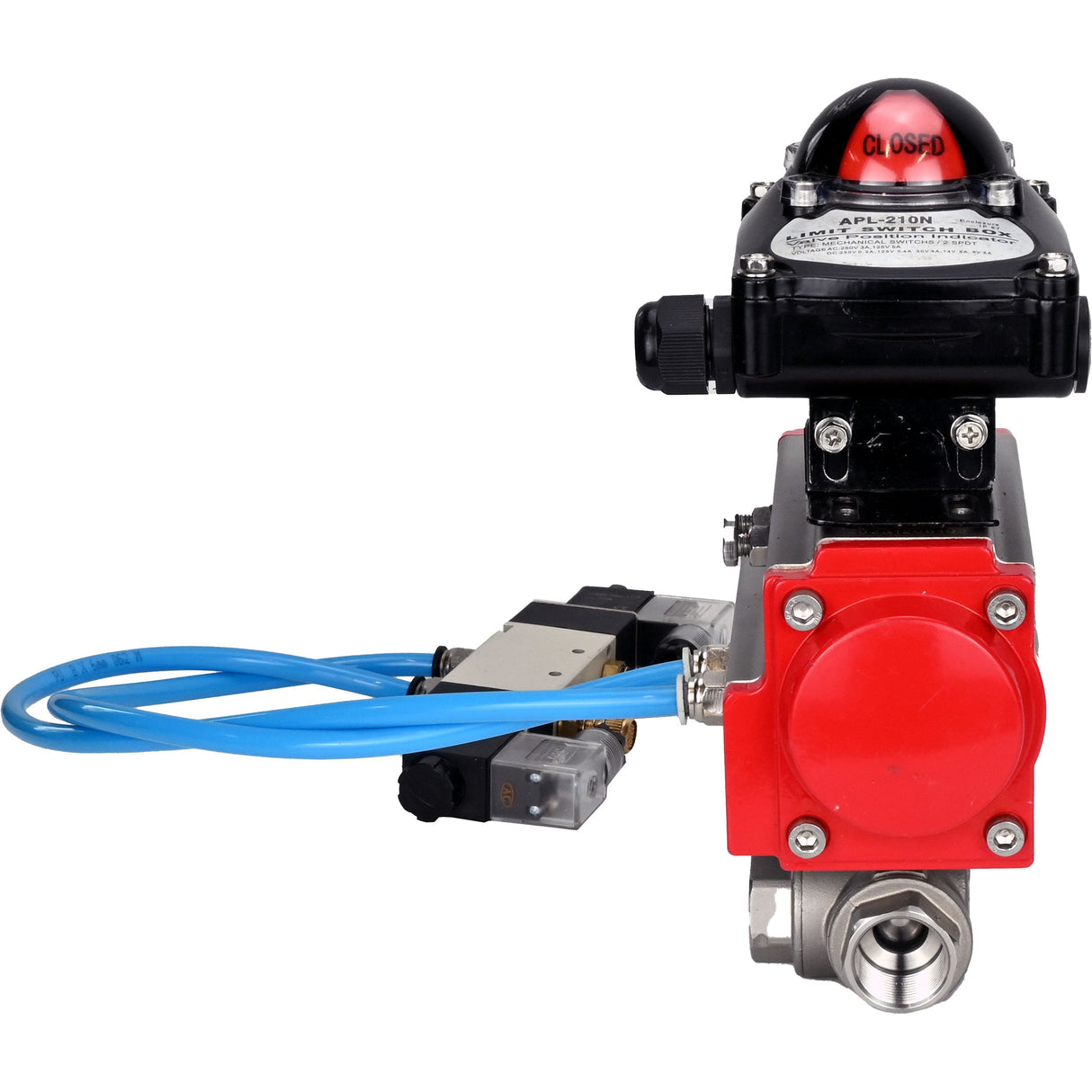 Ball valves Elephant BV3232P(4pc)-SP-3WL-T-ISO-H,  body material - Stainless steel AISI 316, seal - PTFE / PTFE / Teflon, with pneumatic actuator double action PA-DA, 4V320-08 220V, LSU APL-210N
