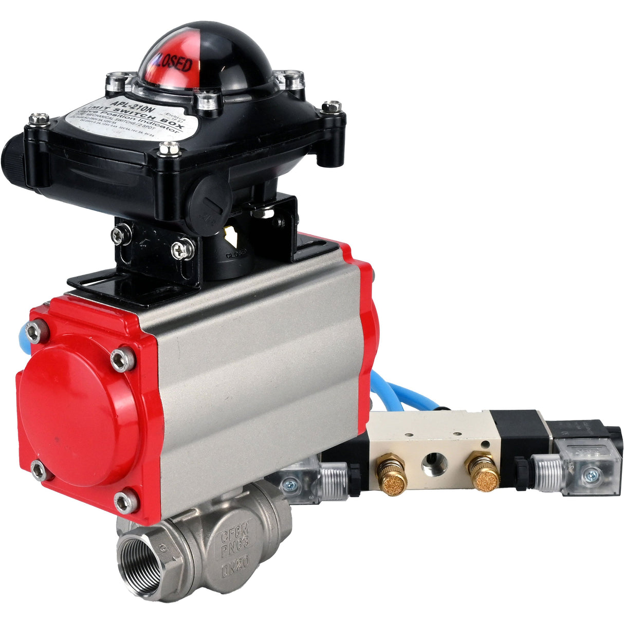 Ball valves Elephant BV3232P(4pc)-SP-3WL-T-ISO-H,  body material - Stainless steel AISI 316, seal - PTFE / PTFE / Teflon, with pneumatic actuator double action PA-DA, 4V320-08 220V, LSU APL-210N