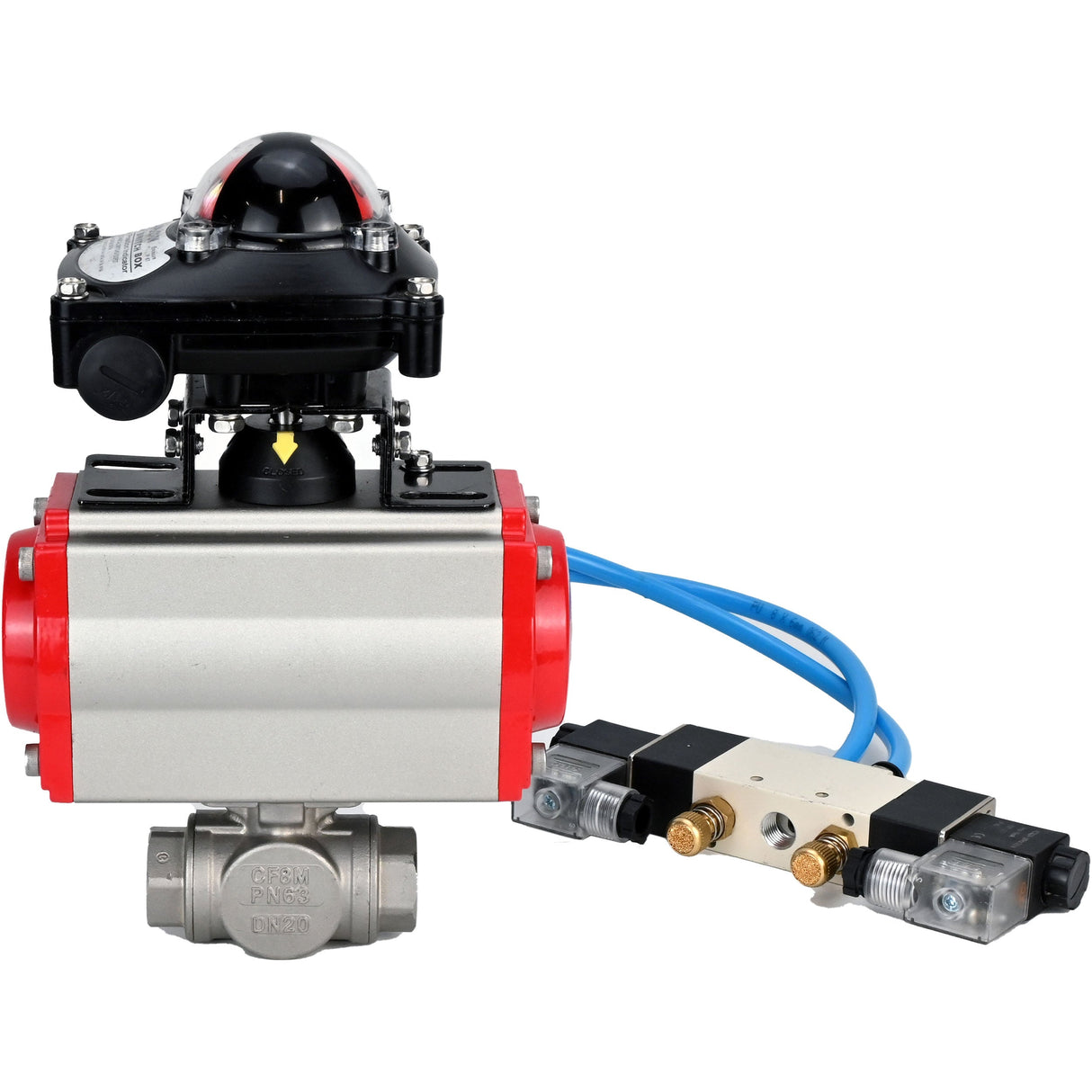Ball valves Elephant BV3232P(4pc)-SP-3WL-T-ISO-H,  body material - Stainless steel AISI 316, seal - PTFE / PTFE / Teflon, with pneumatic actuator double action PA-DA, 4V320-08 220V, LSU APL-210N