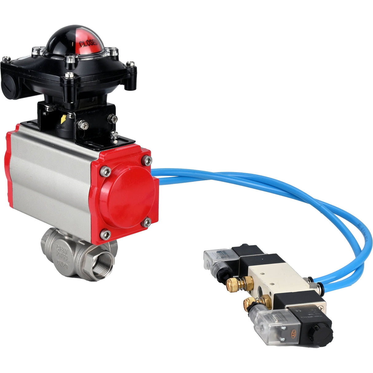Ball valves Elephant BV3232P(4pc)-SP-3WL-T-ISO-H,  body material - Stainless steel AISI 316, seal - PTFE / PTFE / Teflon, with pneumatic actuator double action PA-DA, 4V320-08 220V, LSU APL-210N