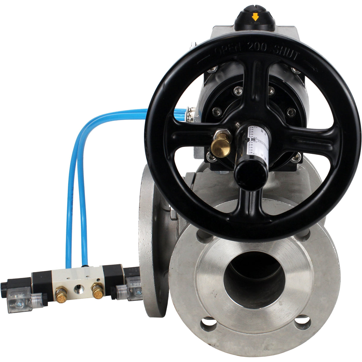 Ball valves Elephant BV3232P(4pc)-FP-3WL-F-ISO-H DN100 16 bar full bore, flanged, body - stainless steel SS316, ISO flange F10/F12, square 19x19, with double pneumatic actuator PA-DA-105-1 action and pneumatic distributor 4V320-10 220V