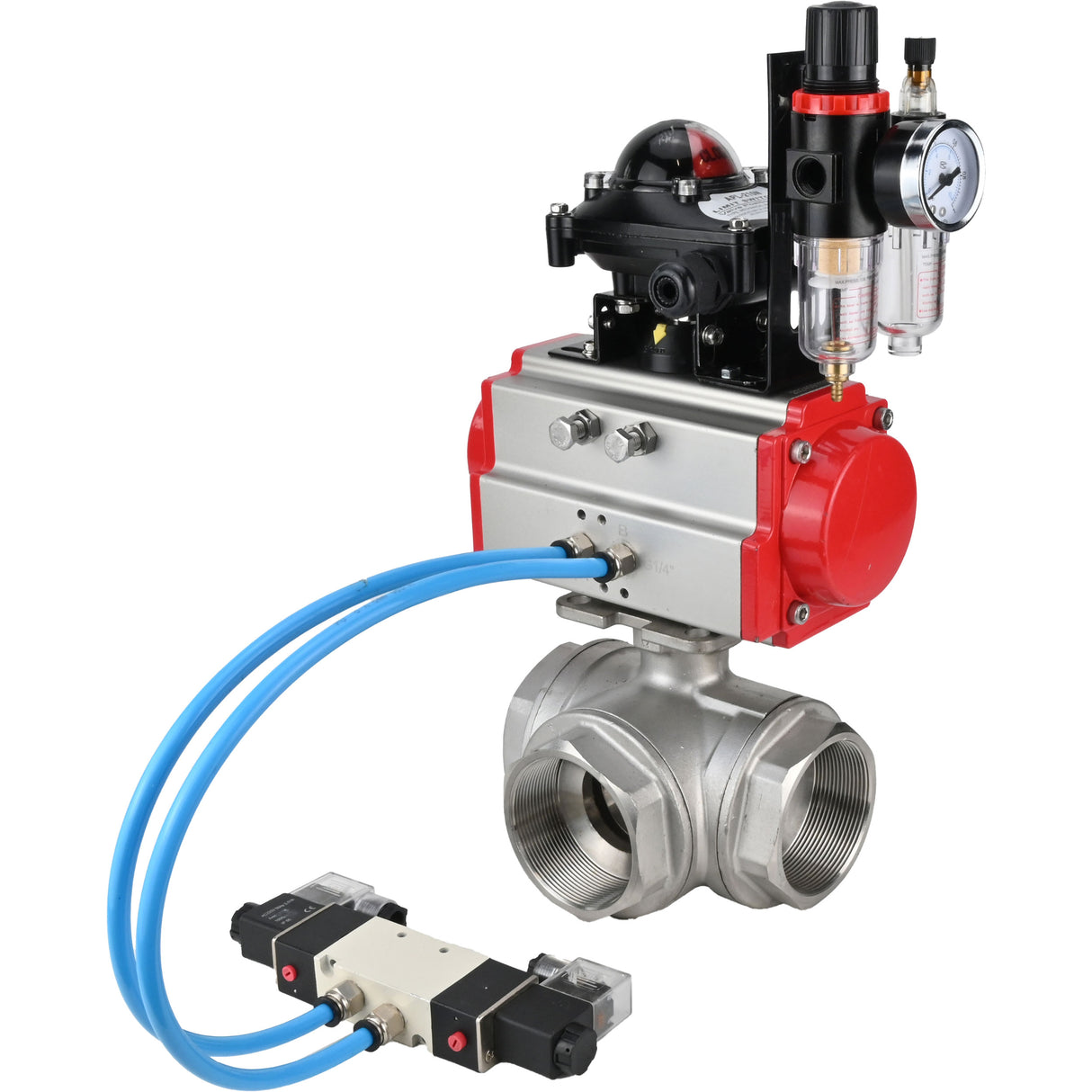 Ball valves Elephant BV3232P(4pc)-SP-3WL-T-ISO-H,  body material - Stainless steel AISI 316, seal - PTFE / PTFE / Teflon, with pneumatic actuator double action PA-DA, 4V320-10 220V, LSU APL-210N, ATU AFC2000