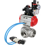 Ball valves Elephant BV3232P(4pc)-SP-3WL-T-ISO-H,  body material - Stainless steel AISI 316, seal - PTFE / PTFE / Teflon, with pneumatic actuator double action PA-DA, 4V320-10 220V, LSU APL-210N, ATU AFC2000