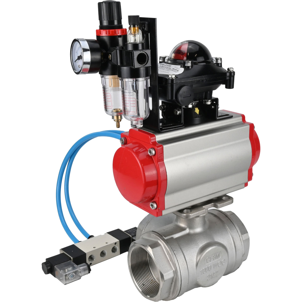 Ball valves Elephant BV3232P(4pc)-SP-3WL-T-ISO-H,  body material - Stainless steel AISI 316, seal - PTFE / PTFE / Teflon, with pneumatic actuator double action PA-DA, 4V320-10 220V, LSU APL-210N, ATU AFC2000