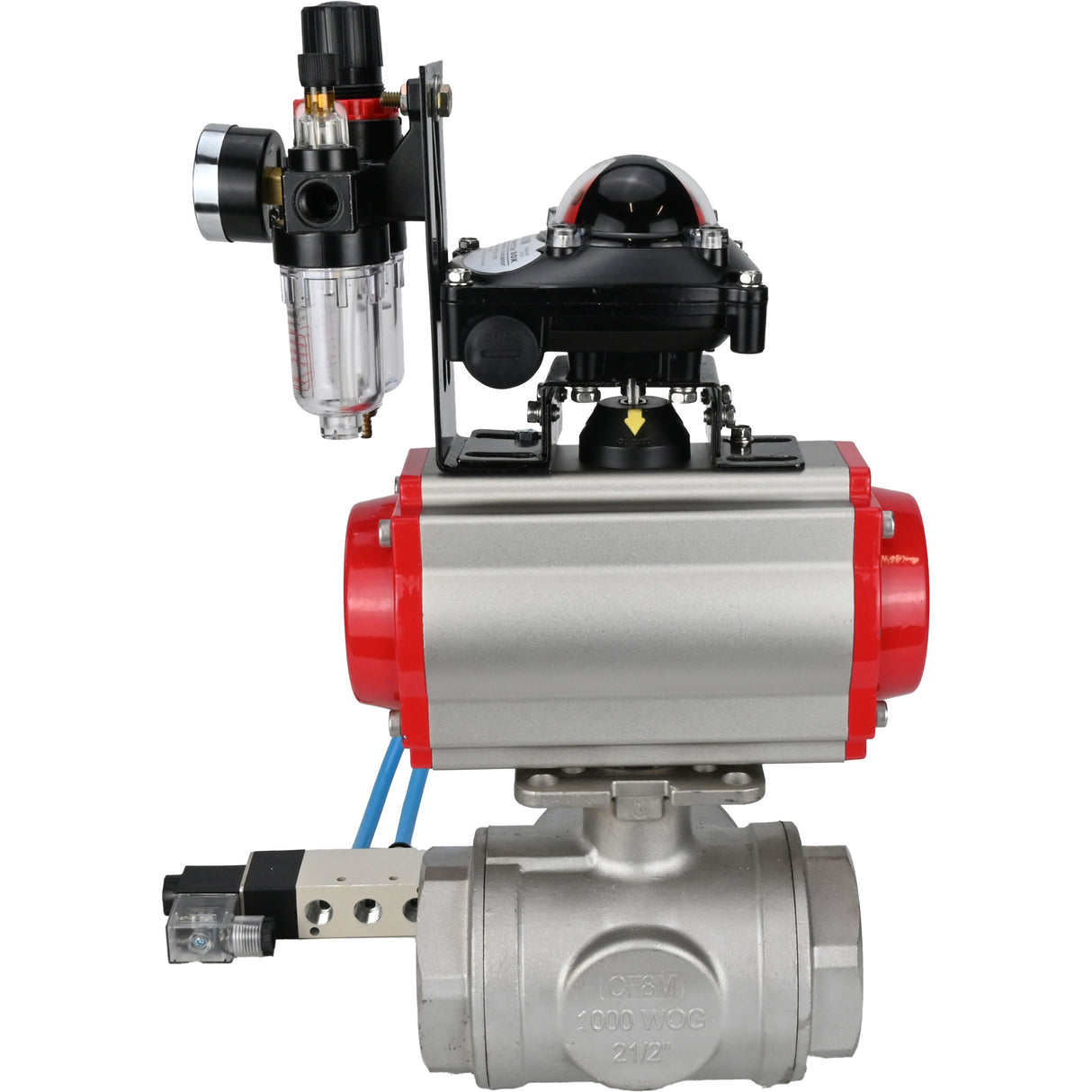 Ball valves Elephant BV3232P(4pc)-SP-3WL-T-ISO-H,  body material - Stainless steel AISI 316, seal - PTFE / PTFE / Teflon, with pneumatic actuator double action PA-DA, 4V320-10 220V, LSU APL-210N, ATU AFC2000