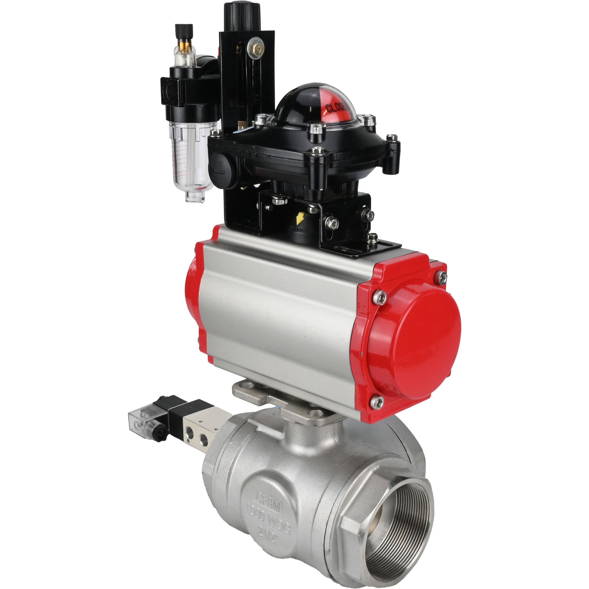 Ball valves Elephant BV3232P(4pc)-SP-3WL-T-ISO-H,  body material - Stainless steel AISI 316, seal - PTFE / PTFE / Teflon, with pneumatic actuator double action PA-DA, 4V320-10 220V, LSU APL-210N, ATU AFC2000