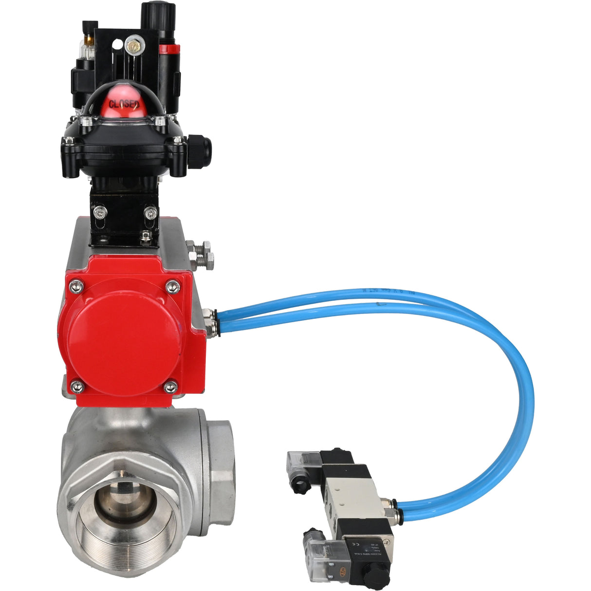 Ball valves Elephant BV3232P(4pc)-SP-3WL-T-ISO-H,  body material - Stainless steel AISI 316, seal - PTFE / PTFE / Teflon, with pneumatic actuator double action PA-DA, 4V320-10 220V, LSU APL-210N, ATU AFC2000