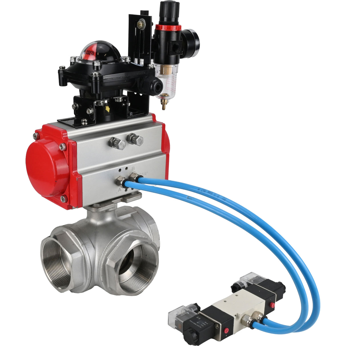 Ball valves Elephant BV3232P(4pc)-SP-3WL-T-ISO-H,  body material - Stainless steel AISI 316, seal - PTFE / PTFE / Teflon, with pneumatic actuator double action PA-DA, 4V320-10 220V, LSU APL-210N, ATU AFC2000