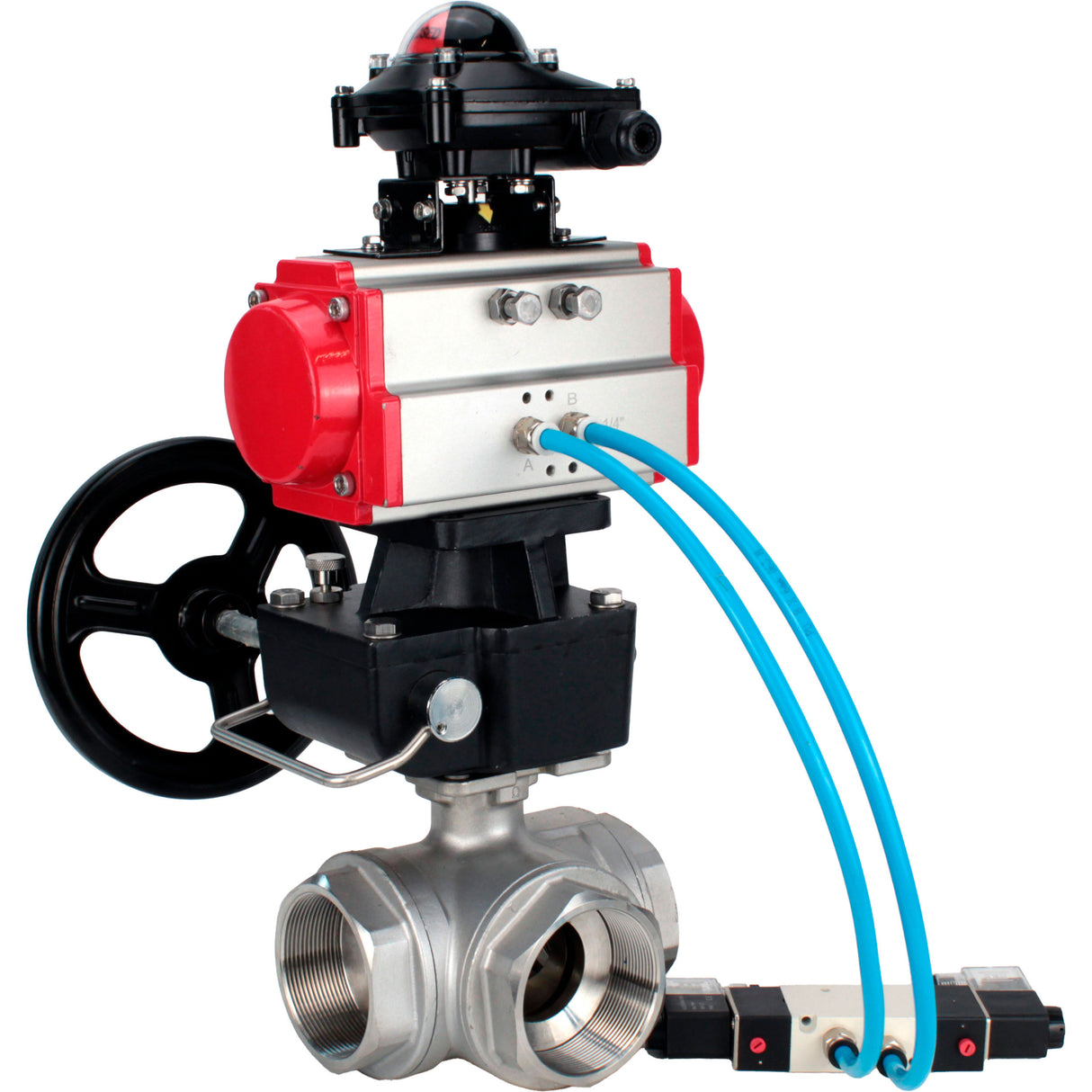Ball valves Elephant BV3232P(4pc)-SP-3WL-T-ISO-H,  body material - Stainless steel AISI 316, seal - PTFE / PTFE / Teflon, with pneumatic actuator double action PA-DA, 4V320-08 220V, LSU APL-210N, handwheel MON