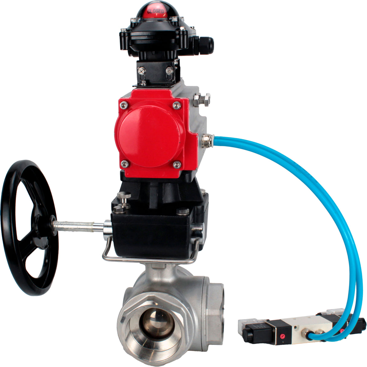 Ball valves Elephant BV3232P(4pc)-SP-3WL-T-ISO-H,  body material - Stainless steel AISI 316, seal - PTFE / PTFE / Teflon, with pneumatic actuator double action PA-DA, 4V320-08 220V, LSU APL-210N, handwheel MON