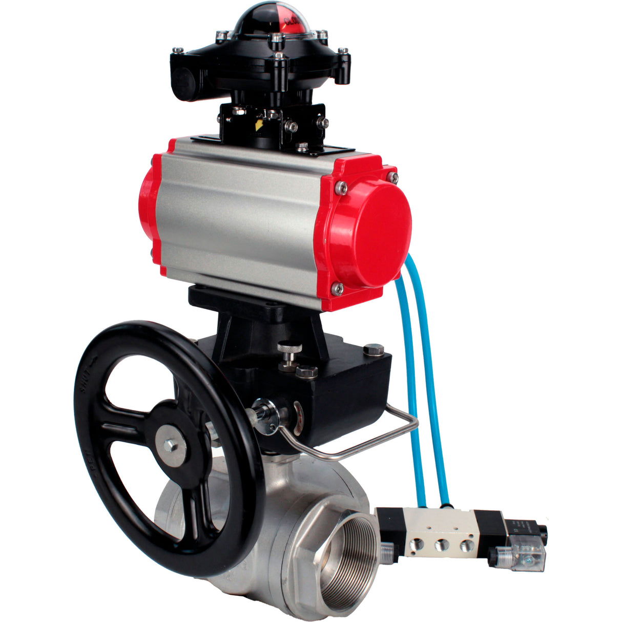 Ball valves Elephant BV3232P(4pc)-SP-3WL-T-ISO-H,  body material - Stainless steel AISI 316, seal - PTFE / PTFE / Teflon, with pneumatic actuator double action PA-DA, 4V320-08 220V, LSU APL-210N, handwheel MON