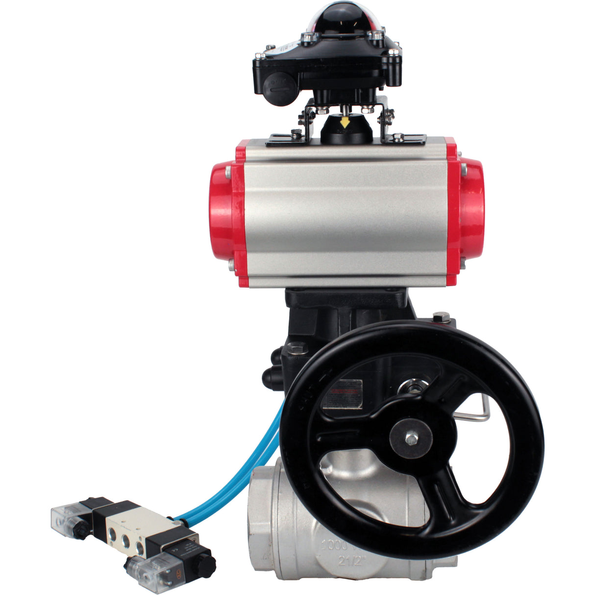 Ball valves Elephant BV3232P(4pc)-SP-3WL-T-ISO-H,  body material - Stainless steel AISI 316, seal - PTFE / PTFE / Teflon, with pneumatic actuator double action PA-DA, 4V320-08 220V, LSU APL-210N, handwheel MON