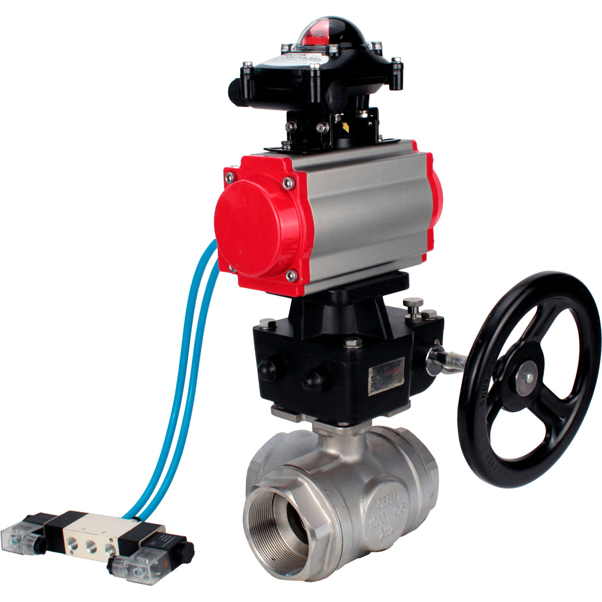 Ball valves Elephant BV3232P(4pc)-SP-3WL-T-ISO-H,  body material - Stainless steel AISI 316, seal - PTFE / PTFE / Teflon, with pneumatic actuator double action PA-DA, 4V320-08 220V, LSU APL-210N, handwheel MON