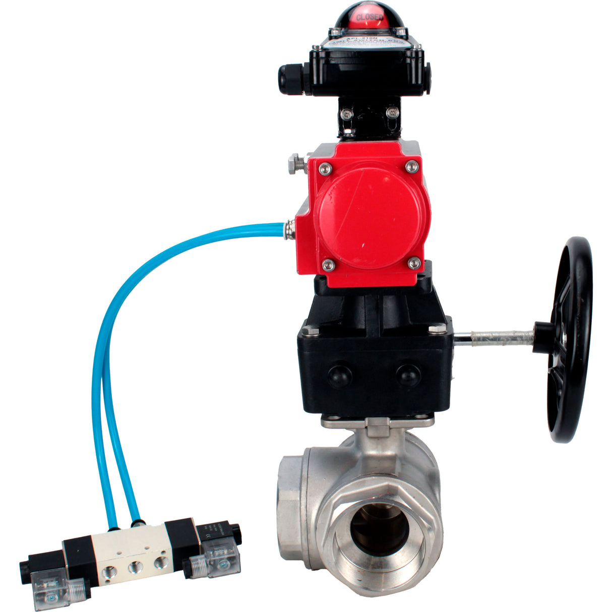 Ball valves Elephant BV3232P(4pc)-SP-3WL-T-ISO-H,  body material - Stainless steel AISI 316, seal - PTFE / PTFE / Teflon, with pneumatic actuator double action PA-DA, 4V320-08 220V, LSU APL-210N, handwheel MON