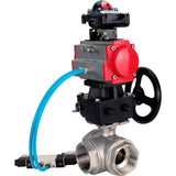 Ball valves Elephant BV3232P(4pc)-SP-3WL-T-ISO-H,  body material - Stainless steel AISI 316, seal - PTFE / PTFE / Teflon, with pneumatic actuator double action PA-DA, 4V320-08 220V, LSU APL-210N, handwheel MON