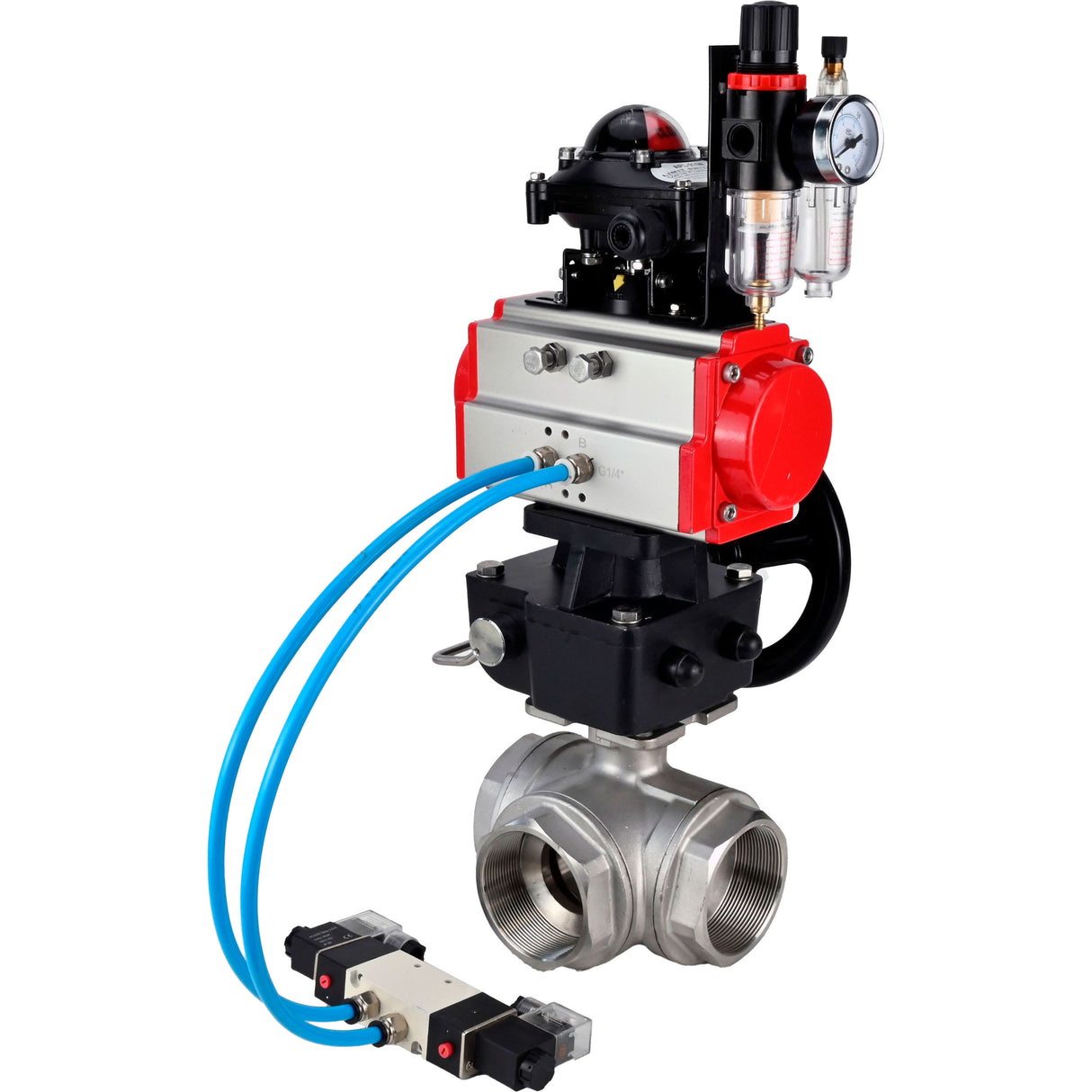 Ball valves Elephant BV3232P(4pc)-SP-3WL-T-ISO-H,  body material - Stainless steel AISI 316, seal - PTFE / PTFE / Teflon, with pneumatic actuator double action PA-DA, 4V320-08 220V, LSU APL-210N, handwheel MON, ATU AFC2000
