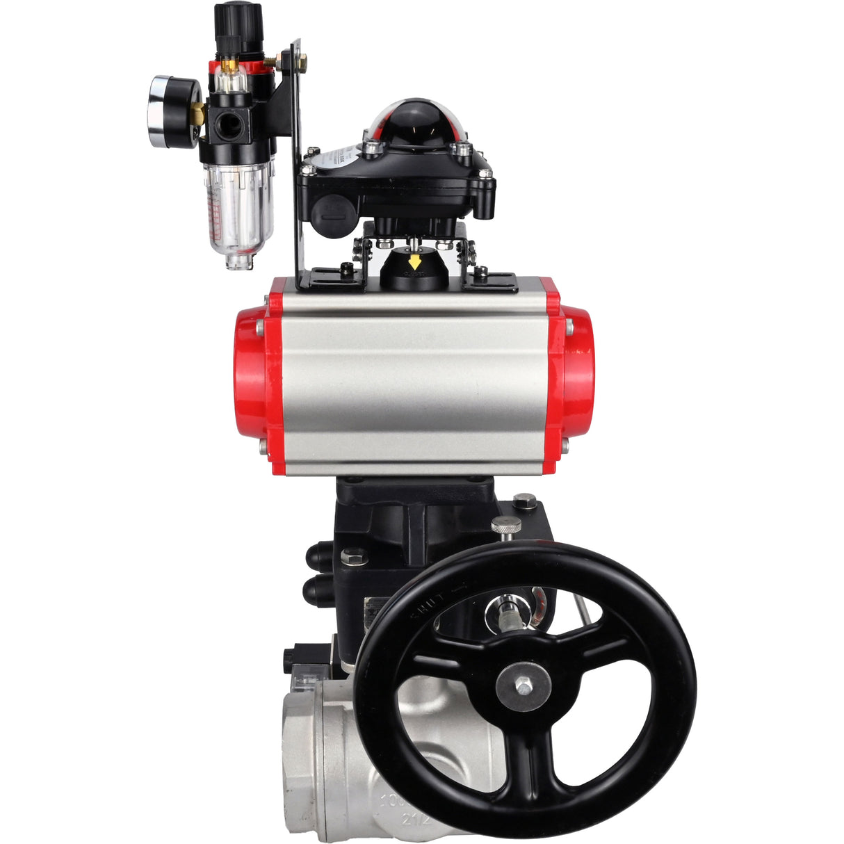 Ball valves Elephant BV3232P(4pc)-SP-3WL-T-ISO-H,  body material - Stainless steel AISI 316, seal - PTFE / PTFE / Teflon, with pneumatic actuator double action PA-DA, 4V320-08 220V, LSU APL-210N, handwheel MON, ATU AFC2000