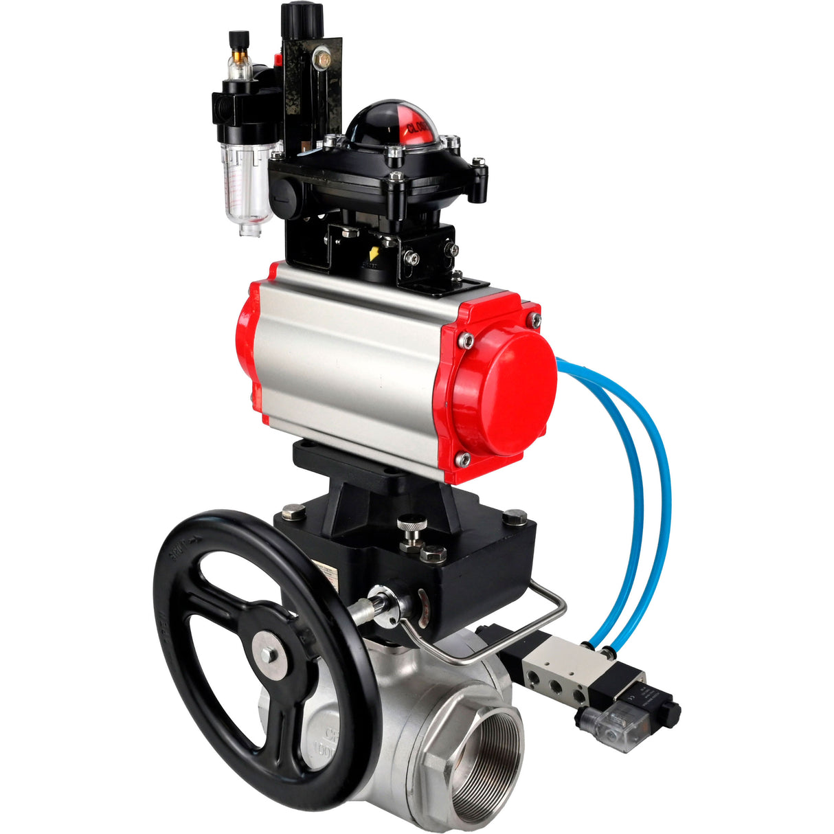Ball valves Elephant BV3232P(4pc)-SP-3WL-T-ISO-H,  body material - Stainless steel AISI 316, seal - PTFE / PTFE / Teflon, with pneumatic actuator double action PA-DA, 4V320-08 220V, LSU APL-210N, handwheel MON, ATU AFC2000