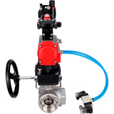 Ball valves Elephant BV3232P(4pc)-SP-3WL-T-ISO-H,  body material - Stainless steel AISI 316, seal - PTFE / PTFE / Teflon, with pneumatic actuator double action PA-DA, 4V320-08 220V, LSU APL-210N, handwheel MON, ATU AFC2000