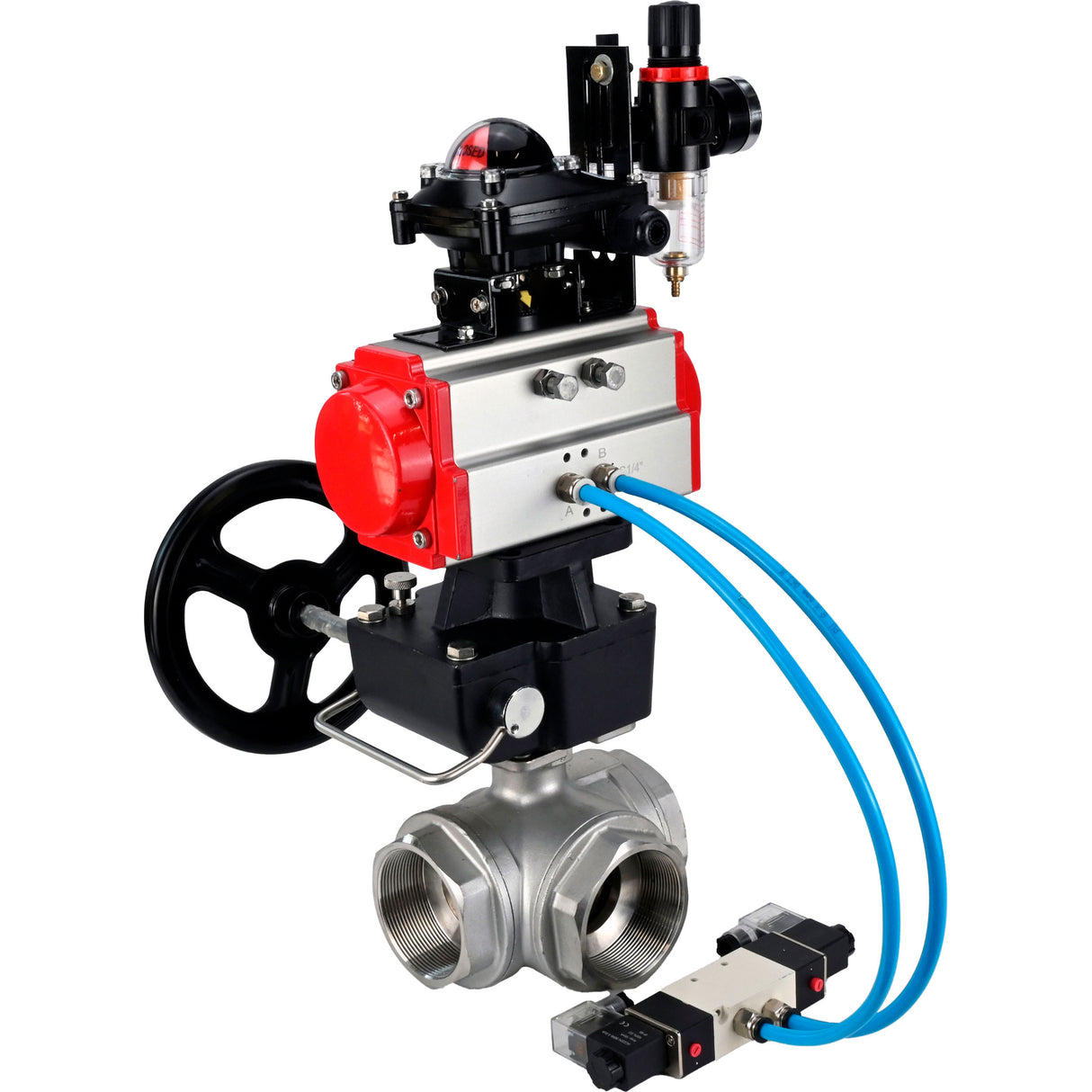 Ball valves Elephant BV3232P(4pc)-SP-3WL-T-ISO-H,  body material - Stainless steel AISI 316, seal - PTFE / PTFE / Teflon, with pneumatic actuator double action PA-DA, 4V320-08 220V, LSU APL-210N, handwheel MON, ATU AFC2000