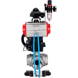 Ball valves Elephant BV3232P(4pc)-SP-3WL-T-ISO-H,  body material - Stainless steel AISI 316, seal - PTFE / PTFE / Teflon, with pneumatic actuator double action PA-DA, 4V320-08 220V, LSU APL-210N, handwheel MON, ATU AFC2000